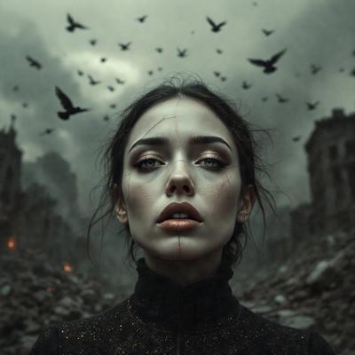 The primary subject of the image is a woman with a black shirt and long hair. She is looking at the camera with a serious expression. The setting is a dark and gloomy environment, possibly a graveyard or a ruined city. The visual style is a combination of a photo and digital art, creating a dramatic and moody atmosphere. The colors are predominantly dark, with the woman's black shirt and the overall scene being in shades of gray, black, and white.